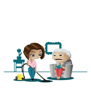 autonomie_quotidienne_image_service2 Une dame passe l'aspirateur pour une personne âgée qui lit dans son fauteuil