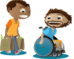 Une personne en fauteuil roulant accompagné par un auxiliaire de vie dans ses courses